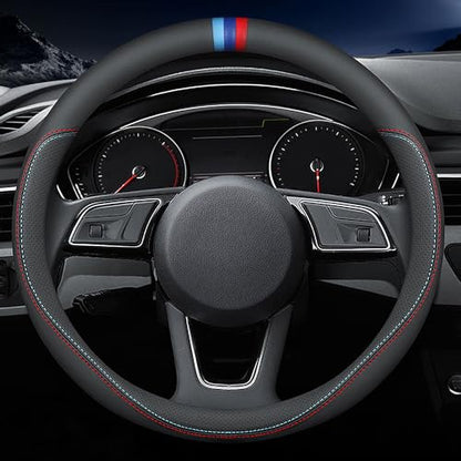 Carodi Latest Nappa Leather car Steering Wheel Cover, Stylish Non-Slip Leather car Interior 15 inches Universal Black(red and Blue Signs) - color: Black(red and Blue Signs)