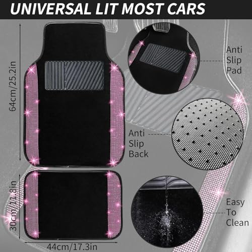 NBTEPEM 12 Pcs Bling Car Accessories Set for Women Car Floor Mats Full Set Steering Wheel Cover Seat Belt Covers Coasters Universal Fit Car SUV Truck Van Pink