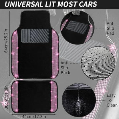 NBTEPEM 12 Pcs Bling Car Accessories Set for Women Car Floor Mats Full Set Steering Wheel Cover Seat Belt Covers Coasters Universal Fit Car SUV Truck Van Pink