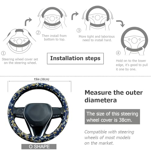 Navy Spherical Flowers Steering Wheel Cover Auto Steering Wheel Protector, Anti-Slip, Absorbing Sweat, Universal Flowers Car Accessories 14.5–15 inch,Fit for Most Car, Trucks, SUV - style: Navy Spherical Flowers JQ
