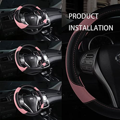 Leather Car Steering Wheel Cover, Non-Slip Car Wheel Cover Protector Breathable Microfiber Leather Universal Fit for Most Cars(Pink) - color: Pink
