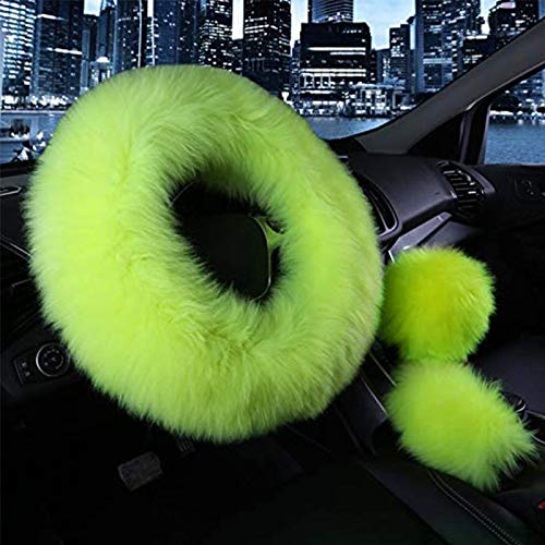 3 Pcs Car Steering Wheel Cover & Handbrake Cover & Gear Shift Cover Set Faux Wool Warm Winter (Green) - color: Green