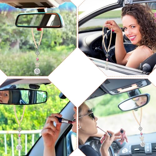 Rear View Mirror Accessories - Pink Pearl Angel Car Mirror Charm - Guardian Angel Hanging Accessory with Inspirational Message, Universal Fit Car Decor Gift for Women