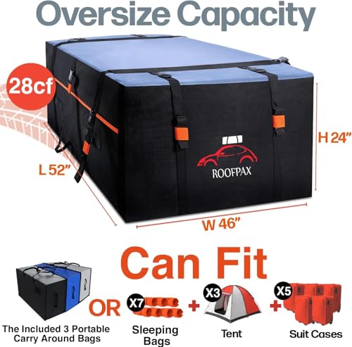 XXL 28 cuft Car Rooftop Cargo Carrier Bag Extra Waterproof Car Roof Storage with 10 Heavy Duty Tie Down Straps and 4 Hooks Roof Bag Cargo Carrier for Top of Vehicle with/Without Rack