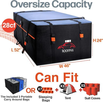 XXL 28 cuft Car Rooftop Cargo Carrier Bag Extra Waterproof Car Roof Storage with 10 Heavy Duty Tie Down Straps and 4 Hooks Roof Bag Cargo Carrier for Top of Vehicle with/Without Rack