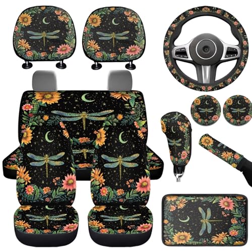 Art Dragonfly Print Seat Covers for Cars for Women Universal Fit for Truck Vans Suvs 12pack Car Accessories Set for Cars Seat Covers with Steering Wheel Cover,Armrest Pad,Cup Coaster - color: Art Dragonfly