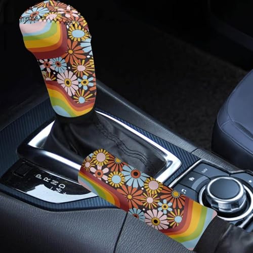 Hippie Flower Handbrake Cover Gear Shift Knob Cover Set Interior Decoration Accessories 2PCS Easy Installation Universal for Car Auto SUV - color: Hippie Floral
