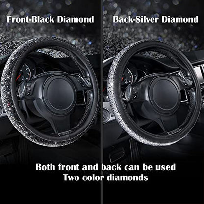CAR PASS Bling Diamond Leather Steering Wheel Cover, Bling Sparkly Crystal Glitter Rhinestones Universal Fit 14" 1/2-15" Car Wheel Protector for Women Girl Fit Suvs,Vans,Sedans,Trucks, Black Silver - color: Black Silver Diamond