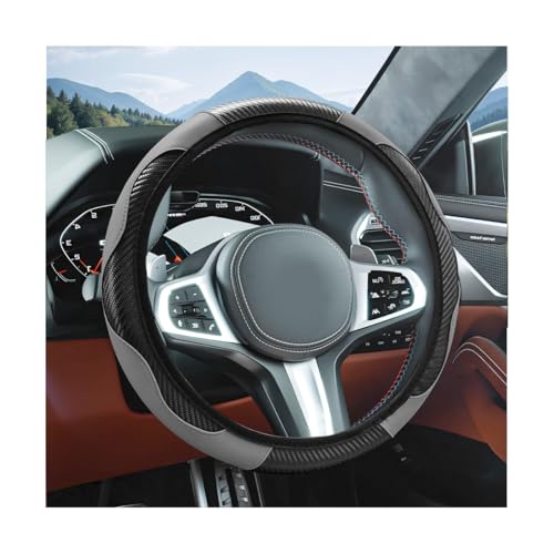 Elastic Car Steering Wheel Cover, Carbon Fiber Leather Automotive Wheel Protector, Anti-Slip Breathable Vehicle Interior Steering Accessories for Men Women, Universal Fit (Black/Gray) - color: Black/Gray