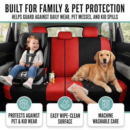 FH Group Car Seat Covers Full Set Cloth, Universal Fit combo, Automotive Covers, Low Back Front Airbag Compatible,Split Bench Rear Seat,Washable Cover for SUV,Sedan,Van Red - color: Red