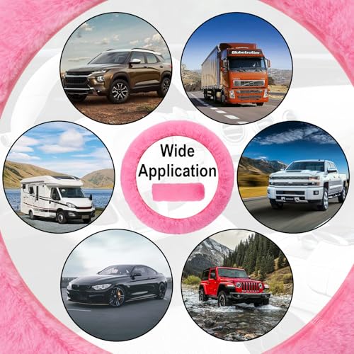 3 PCS Fluffy Steering Wheel Cover Set, 15'' Furry Car Wheel Cover, 2 Seat Belt Shoulder Pads, Anti-Slip Fur Steering Wheel Cover, Winter Warm Fluffy Car Accessories for Women, Pink - color: pink