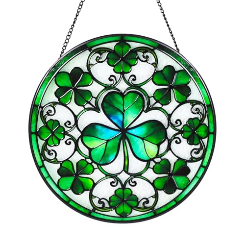 Ireland Green Lucky Clover Stained Glass Window Hanging Suncatcher with Chain - 7.9" Irish Shamrock Outdoor/Indoor Art Decor for Home Garden, St. Patrick's Day, Mother's,Ornaments Present - color: Green Lucky Clover