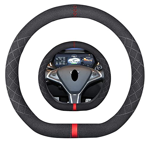 Suede D Shape Steering Wheel Cover,Compatible with Tesla Model S Model Y Model X Suede Leather Sport Non-Slip Wheel Cover Car Interior Accessories 15 inch for Man and Women - color: Fit Tesla D Shape Suede Red Mark in Black, size: 15 inch
