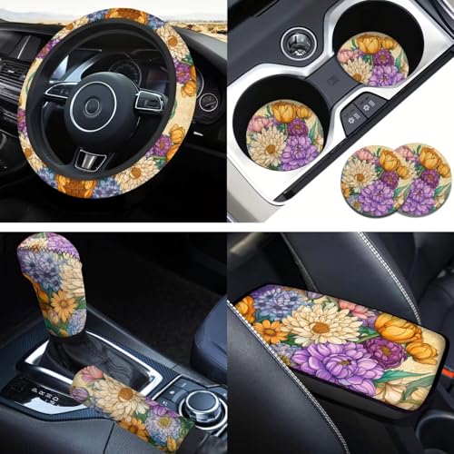 Yellow Chrysanthemum Print Car Steering Wheel Cover Sets Cup Holder Handbrake Gear Cover Armrest Cover Car Interior Accessories -6pcs - color: Chrysanthemum