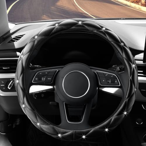 YOGURTCK Diamond Soft Leather Anti-Slip Steering Wheel Cover with Bling Bling Crystal Rhinestones, Universal 15 Inch for Women Girls, Fit Vehicles, Sedans, SUVs, Vans, Trucks - Black - color: A-Black