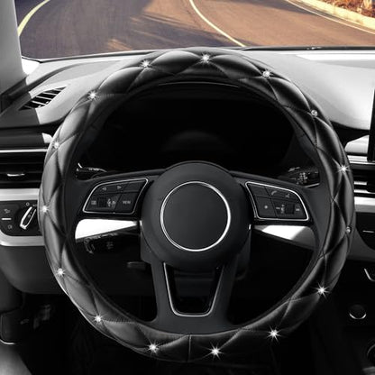YOGURTCK Diamond Soft Leather Anti-Slip Steering Wheel Cover with Bling Bling Crystal Rhinestones, Universal 15 Inch for Women Girls, Fit Vehicles, Sedans, SUVs, Vans, Trucks - Black - color: A-Black