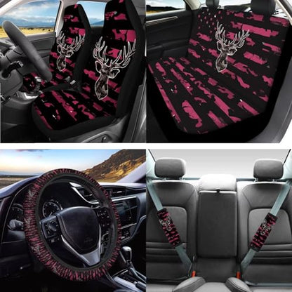 16 Pcs American Flag Printed Car Accessories Set for Women Men, Camo Deer Print Car Seat Cover Set with Steering Wheel Cover Seat Belt Cover Armrst Cover Car Seat Headrests Cover Cup Coaster - color: Pink and Black - American Flag Camo Deer