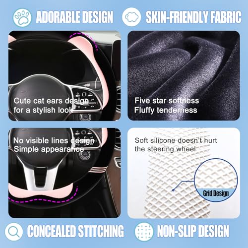 Furry Cute Steering Wheel Cover, Soft Fluffy Short Plush Auto Accessories, Non-Slip Cold-Proof Sweat-Proof Colorfast, Universal 15 inch(Black with Pink)