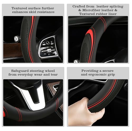 Leather Splicing Black Red Car Steering Wheel Cover,14.5-15 Inch Universal Microfiber Leather Covers Breathable Anti-Slip Odorless Steering Wheels Accessories for Men Women - color: Leather Splicing - Black and Red