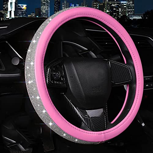 Bling Diamond Leather Steering Wheel Cover for Women Girls with Crystal Rhinestones, Universal Fit 14.5-15 Inch Car Steering Wheel Cover Accessories - color: Hot Pink