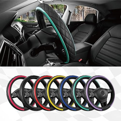 Road Comforts Leather Steering Wheel Cover – Black & Green Universal Fit 14.5-15 Inch, Microfiber Leather, Anti-Slip & Breathable Design for Men and Women - color: Green