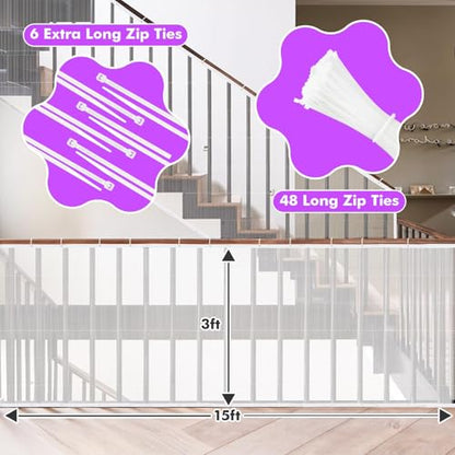 tupi Banister Guard for Baby and Pets – 450cm Extra Long Balcony Netting, Heavy Duty Stair Railing Cover, Child Safety Mesh for Kids and Toddlers, No Drill Barrier with 41 Zip Ties