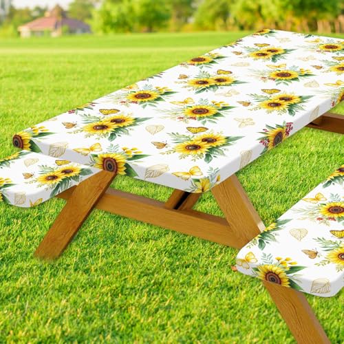 Sunflowers Table Cover with Bench Covers Waterproof Windproof Elastic Fitted Outdoor Camping RV Tablecloths with Drawstring Bag Reusable Rectangle Rectangle Tables and Seats Cover 30X60IN - color: Yellow, size: 30" x 60" (Rectangular)