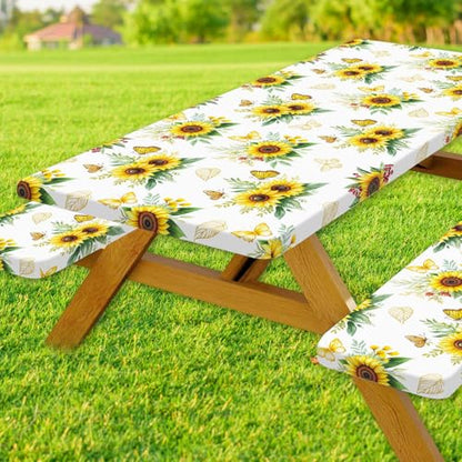 Sunflowers Table Cover with Bench Covers Waterproof Windproof Elastic Fitted Outdoor Camping RV Tablecloths with Drawstring Bag Reusable Rectangle Rectangle Tables and Seats Cover 30X96IN - color: Yellow, size: 30" x 96" (Rectangular)