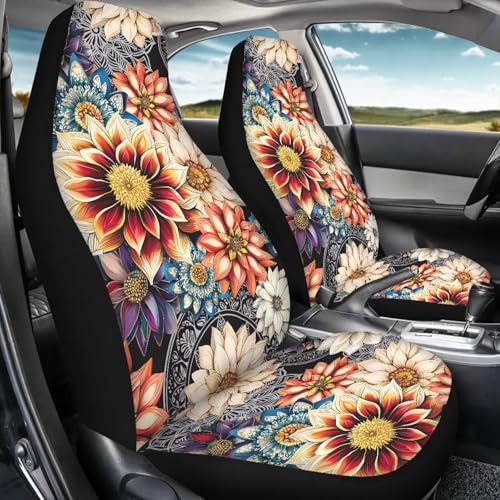 Dahlia Flowers Blossom Car Seat Covers for Front Seats Ethnic Style Bucket Seat Covers Universal Fit for SUV Truck Sedan Front Seat Protector,2 Piece Set - color: Dahlia Flowers Blossom