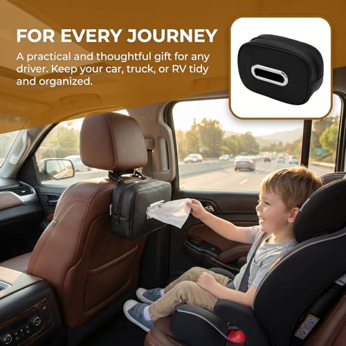 Compact Car Tissue Holder – Premium PU Leather Tissue Box, Fits 100 Sheets, Black Car Storage Organizer for Seat/Headrest/Center Console/Visor (Black) - color: Black