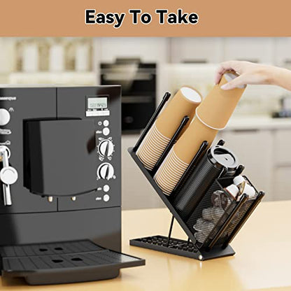 OVICAR Cup and Lid Holder - Adjustable Coffee Cup Holder Organizer 4 Compartment Disposable Cup Dispenser with Coffee Pod Straw Storage Basket for Coffee Station Bar Countertop Breakroom Metal Black - color: Black