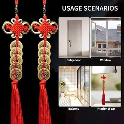 Feng Shui Gold Coins Chinese Luck Charm, Red Knot Wall Hanging for Car,House,Office, Wealth and Success Five Emperor Money(5coins) - 2pcs