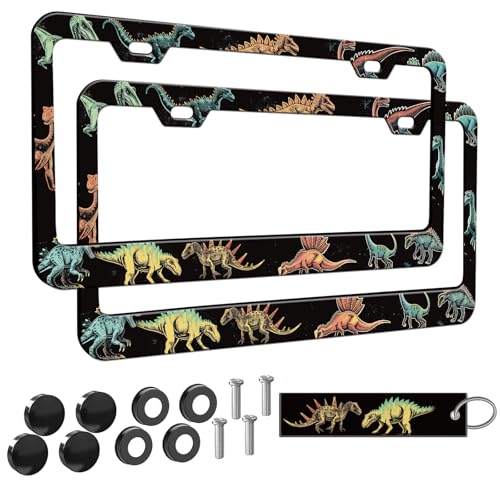 2pcs Colorful Dinosaurs License Plate Frame for Women,Cartoon Cool Colorful Animal car Decorative tag Frames Girly, Funny Dinosaur License Plate Cover Holder for Vehicle with car Keychain tag - color: for Colorful Dinosaurs, size: 2pcs
