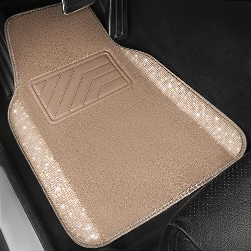 CAR PASS Bling Car Mats Shining Diamond Carpet Crystal Rhinestones Sparkly Glitter Floor Mats with Anti-Slip PVC Heel Pad Universal Fit for Automotive SUV, Sedan, Car, Van, 4pcs for Girl Women, Beige - color: Beige