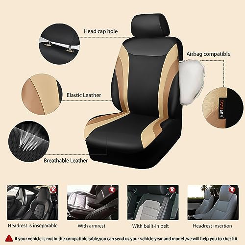CAR PASS Line Rider Leather Car Seat Covers Sporty Car Seat Covers Full Set,5mm Composite Sponge,Airbag Compatible,Universal Fit 95% Automotive SUV Sedan(Black Beige) - color: Black Beige