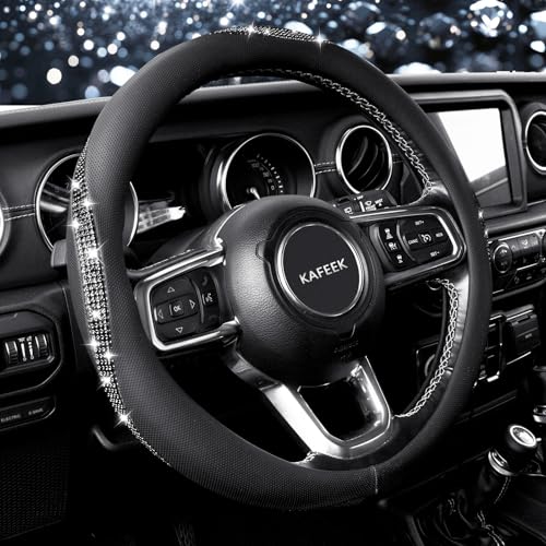 KAFEEK Sparkly Diamond Steering Wheel Cover, Bling Rhinestone Breathable Leather Car Protector, Universal 15 Inch Fit for Women Girls, Anti-Slip Comfortable, Black - color: Striped Black Diamond, size: Medium(Standard) Size[14.5"-15"]