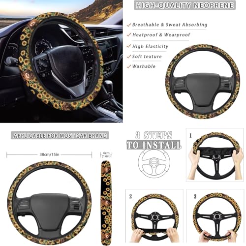 Dreaweet Car Seat Covers Full Set with Steering Wheel Cover/Armrest Cover/Seatbelt Covers/Cup Coasters/Gear Shift Cover/Handbrake Cover,12 Pcs Aztec Highland Cow Sunflower Car Accessories Deocr - color: Aztec Highland Cow Sunflower
