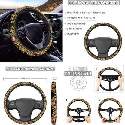 Dreaweet Car Seat Covers Full Set with Steering Wheel Cover/Armrest Cover/Seatbelt Covers/Cup Coasters/Gear Shift Cover/Handbrake Cover,12 Pcs Aztec Highland Cow Sunflower Car Accessories Deocr - color: Aztec Highland Cow Sunflower