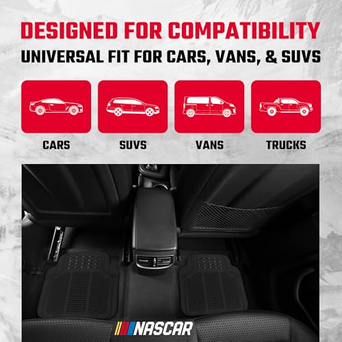 NASCAR Premium Car Floor Mats - 4-Piece Set | Heavy Duty All-Weather Rubber | Universal Trim-to-Fit for Cars, Trucks & SUVs | Traps Dirt, Snow & Water | Black Floor Mats