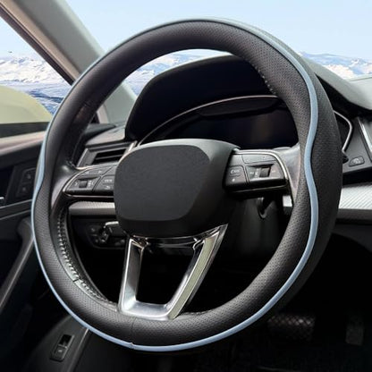 Leather Steering Wheel Cover， with Anti-Slip Stripe Design - Enhanced Grip, Fashion Style, Safe, Non-Slip, Breathable. Upgrade car Interior，Black Blue - color: Black Blue