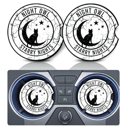 2PCS Black White Moon Cat Car Cup Holder Coasters,Cars Coasters for Cup Holders,Anti Slip Rubber Mat with Finger Slot,Cats Car Accessories Interior Decor,Cat Lover Gifts for Women,Men - color: Night Moon Cat