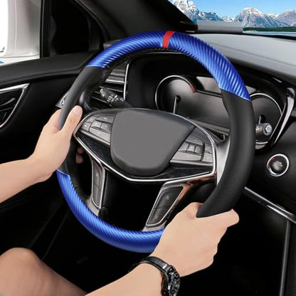 Black & Blue Carbon Fiber Leather Steering Wheel Cover, Microfiber Leather, Anti-Slip, Breathable, Universal Fit for 14.5–15 in Steering Wheel Cover for Men Women - color: Splicing Carbon Fiber - Black and Blue
