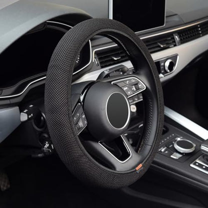 Elastic Stretch Steering Wheel Cover, Warm in Winter and Cool in Summer, Universal 15 inch Microfiber Breathable Ice Silk Anti Slip Car Interior Accessories, Odorless, Easy Carry, Black - color: All black