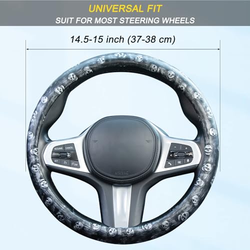 Embossed Skull Steering Wheel Cover, Skull Car Accessory, Microfiber Leather with Anti-Slip Lining, Fits 14.5"-15" Steering Wheels - color: Black silver