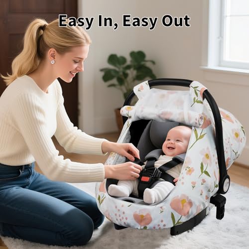Elstey Car Seat Cover Baby, Minky Dot Carseat Covers Baby Boys Girls, Lightweight Infant Car Seat Cover Canopy with 2 Layers Breathable Mesh Windows, Stroller Carrier for Babies Newborn Essentials - color: Pink Flowers