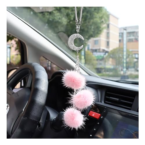 Ziciner Bling Diamond Heart Car Interior Accessories, Car Mirror Hanging Ornament for Women, Love Heart & Pink Plush Ball Decor Ornament Pendant (Moon/Pink) - color: Moon/Pink