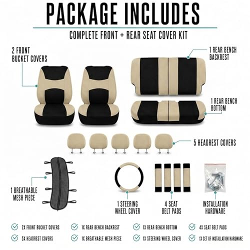 Automotive Seat Covers Beige Black Universal Fit Seat Cover Combo Set with Steering Wheel Cover and Seat Belt Pad (Airbag Compatible and Split Bench) - color: Beige/Black