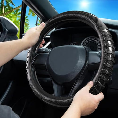 Car Leather Steering Wheel Cover - Carbon Fibre Material, Universal 14.5-15 Inch Leather Anti-Slip Breathable Auto Steering Wheel Covers for Men Women (3D Massage - Sports Black) - color: 3D Massage - Sports Black