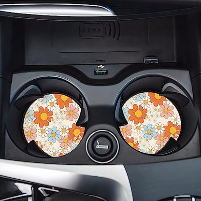 Car Cup Holder Coasters, 2 Pack – 2.75" Universal Auto Anti-Slip Insert Coaster, Rubber Car Coasters, Personalized Car Accessories for Women (Retro Daisy) - color: Retro Daisy
