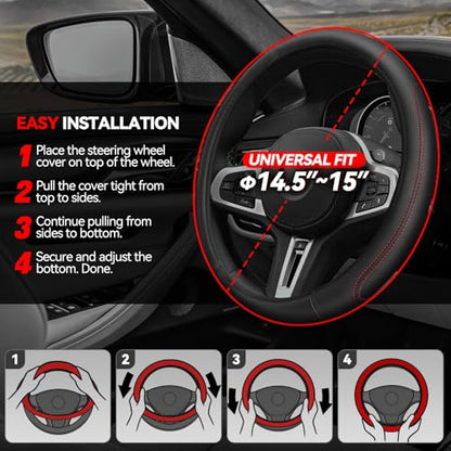 Auto Dynasty Car Steering Wheel Cover, Microfiber Leather Steering Wheel Covers Protector with Anti-Slip Inner Lining, Universal 14.5 to 15 Inch Car Interior Accessories, Black/Red Contrast Stitching - color: Stitched Red C